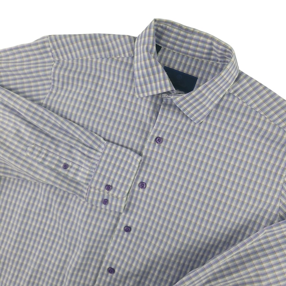 David Donahue Fusion Dress Shirt Mens 16.5 Purple Plaid Classic Fit Long Sleeve